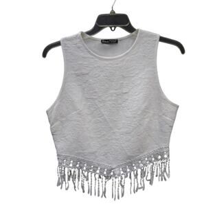 Women's L White Salant Embroidered Crop Top w/ Fringe Festival Boho